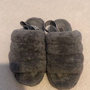 UGG Gray Fuzzy Slide Slippers with Branded Heel Strap